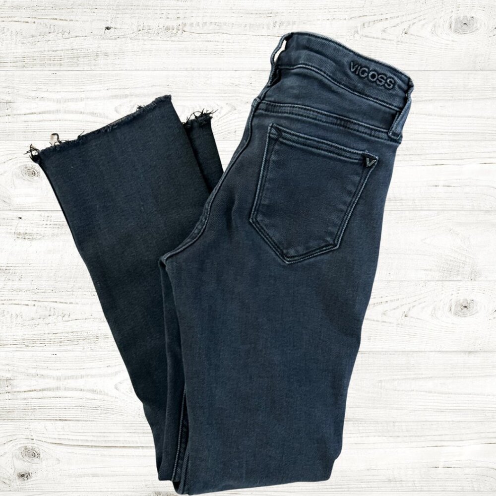Vigoss Boot Cut Frayed Hem Jeans Size 24 Mid Rise Dark Grey/Black